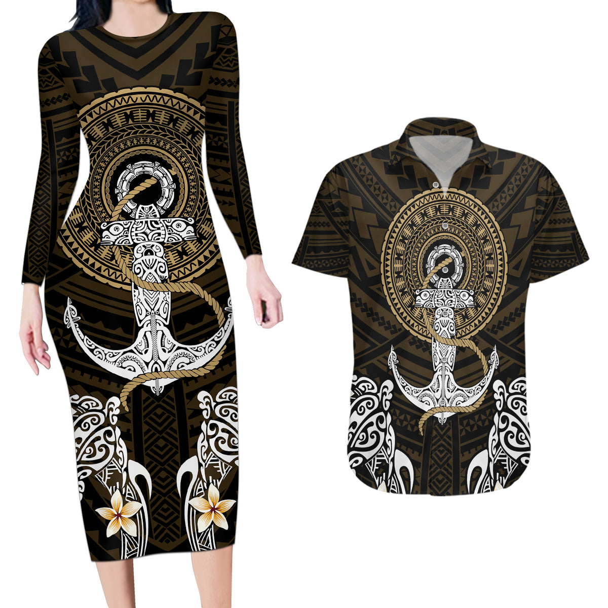 Polynesian Swordfish Couples Matching Long Sleeve Bodycon Dress and Hawaiian Shirt with Anchor Pattern and Tribal Turtle TS04 - Polynesian Pride