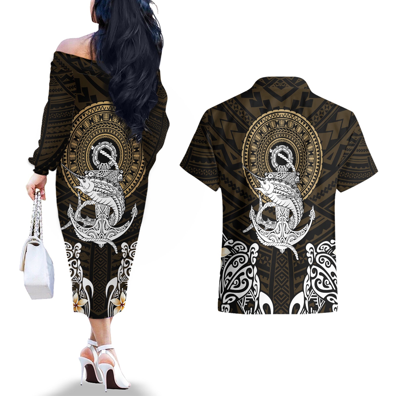 Polynesian Swordfish Couples Matching Off The Shoulder Long Sleeve Dress and Hawaiian Shirt with Anchor Pattern and Tribal Turtle TS04 Multicolor - Polynesian Pride