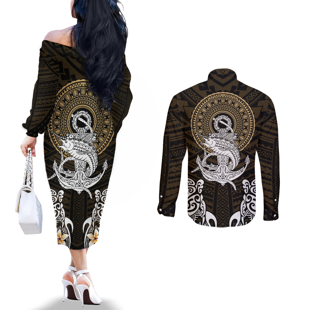 Polynesian Swordfish Couples Matching Off The Shoulder Long Sleeve Dress and Long Sleeve Button Shirts with Anchor Pattern and Tribal Turtle TS04 Multicolor - Polynesian Pride