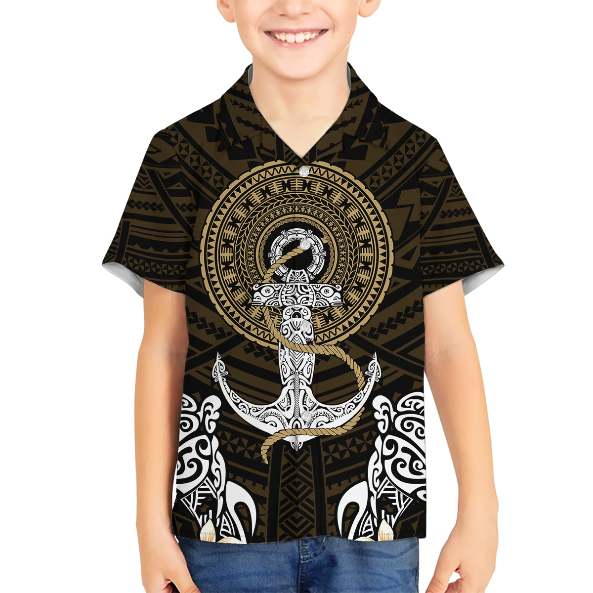 Polynesian Swordfish Family Matching Short Sleeve Bodycon Dress and Hawaiian Shirt with Anchor Pattern and Tribal Turtle TS04 Son's Shirt Multicolor - Polynesian Pride