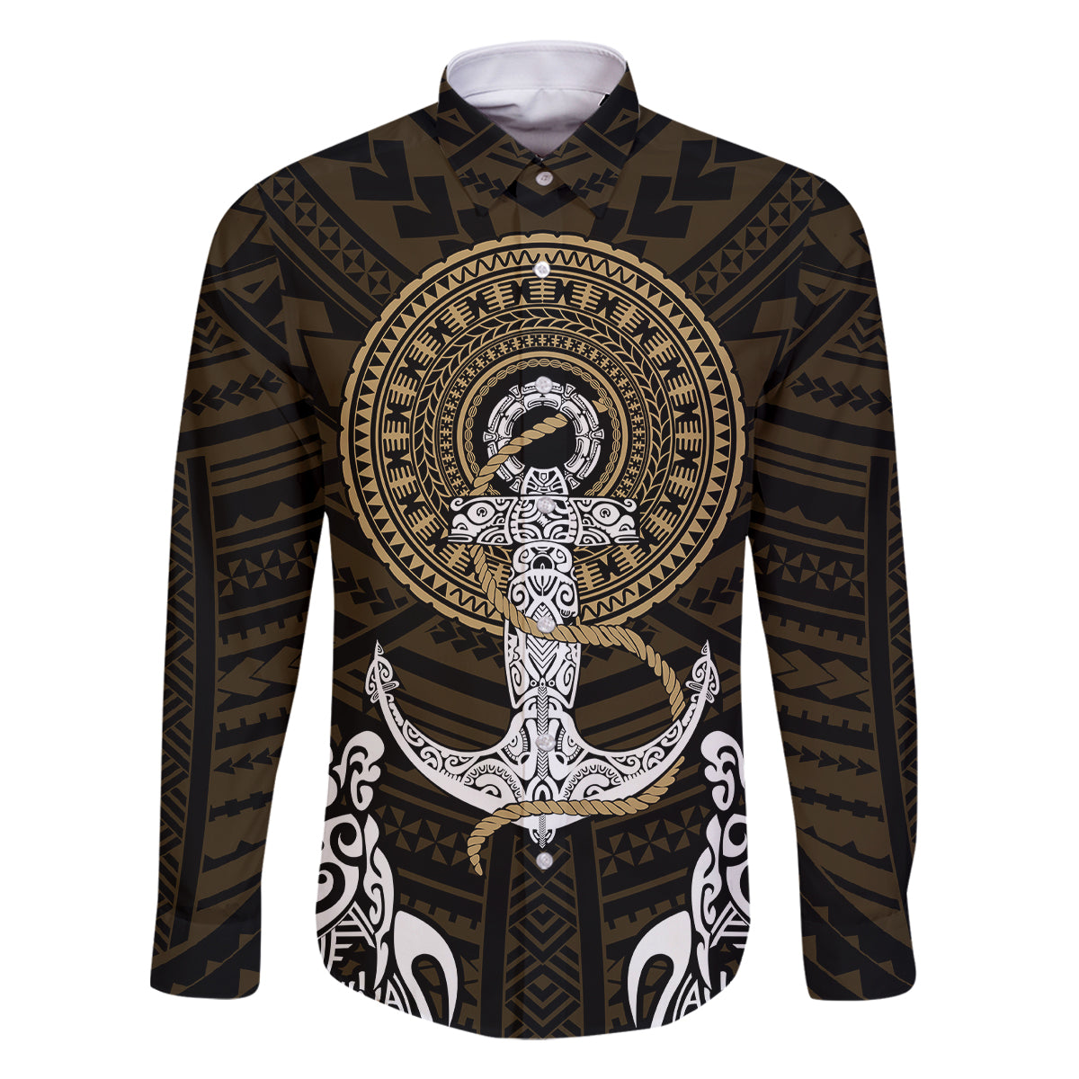 Polynesian Swordfish Family Matching Summer Maxi Dress and Hawaiian Shirt with Anchor Pattern and Tribal Turtle TS04 Dad's Shirt - Long Sleeve Multicolor - Polynesian Pride