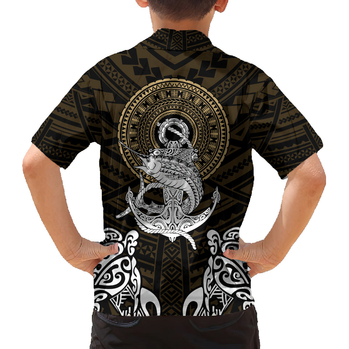 Polynesian Swordfish Family Matching Tank Maxi Dress and Hawaiian Shirt with Anchor Pattern and Tribal Turtle TS04 - Polynesian Pride