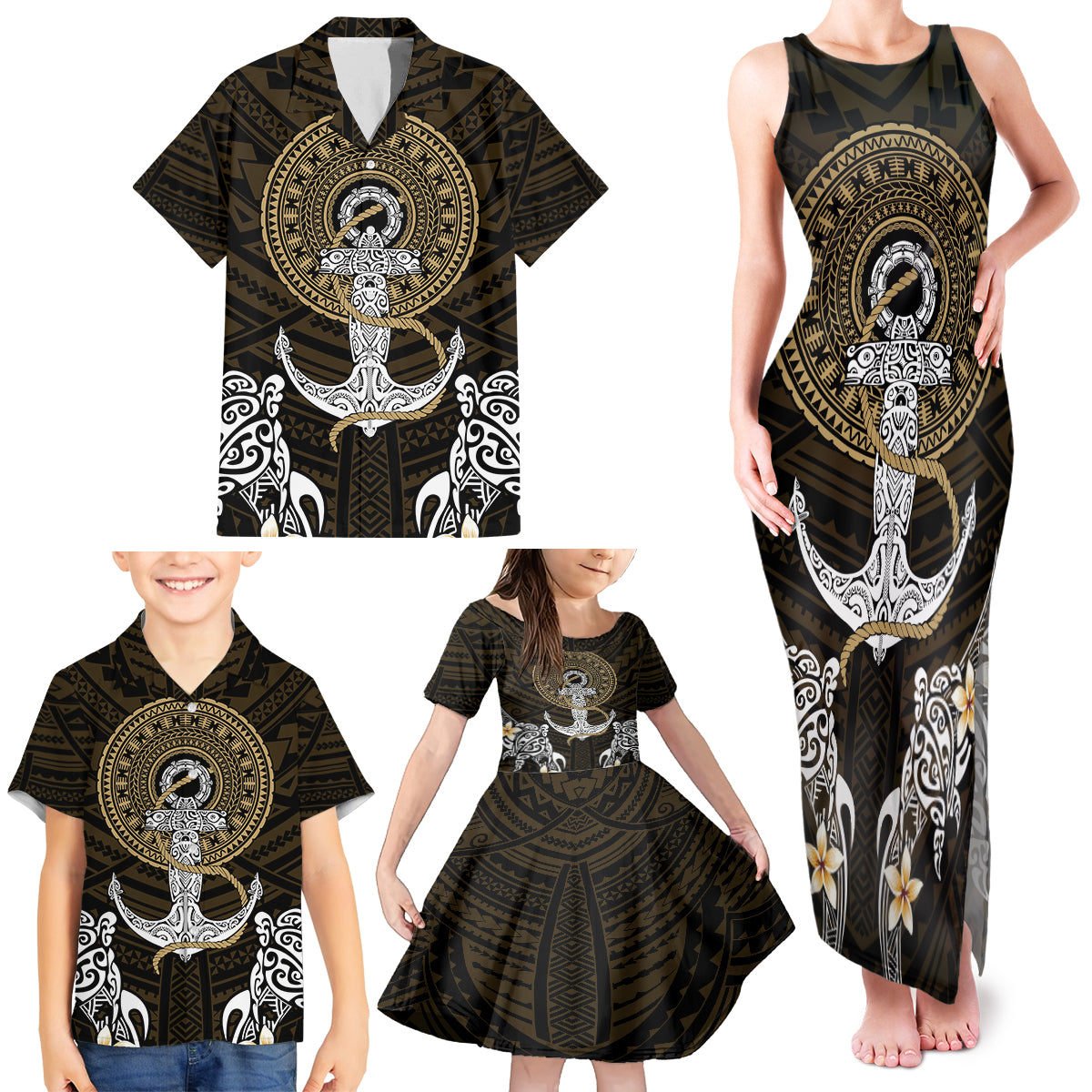 Polynesian Swordfish Family Matching Tank Maxi Dress and Hawaiian Shirt with Anchor Pattern and Tribal Turtle TS04 - Polynesian Pride