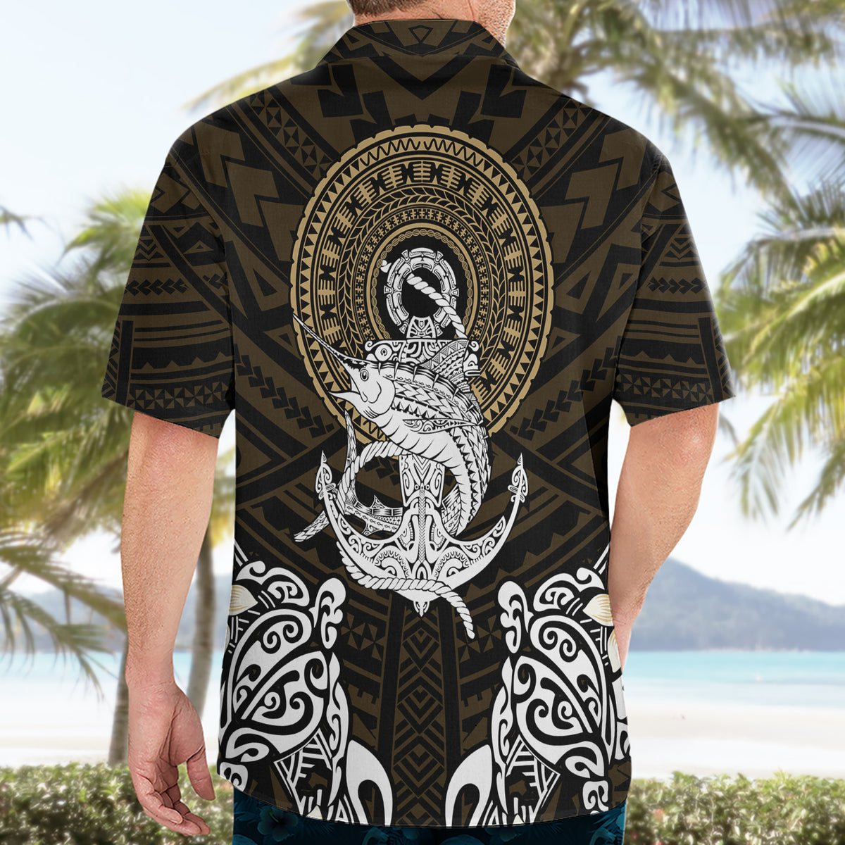 Polynesian Swordfish Hawaiian Shirt with Anchor Pattern and Tribal Turtle TS04 - Polynesian Pride