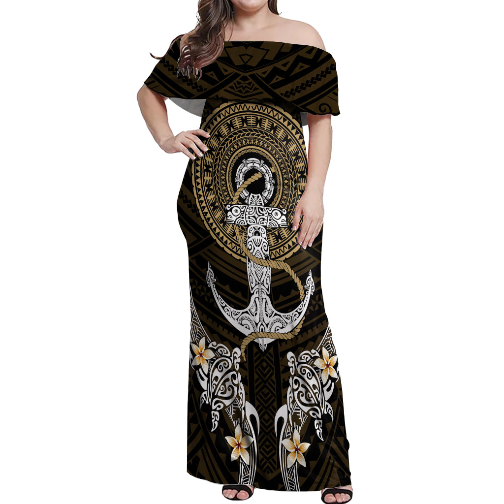 Polynesian Swordfish Off Shoulder Maxi Dress with Anchor Pattern and Tribal Turtle TS04 - Polynesian Pride