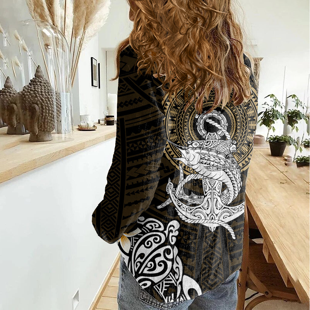 Polynesian Swordfish Women Casual Shirt with Anchor Pattern and Tribal Turtle TS04 Female Multicolor - Polynesian Pride