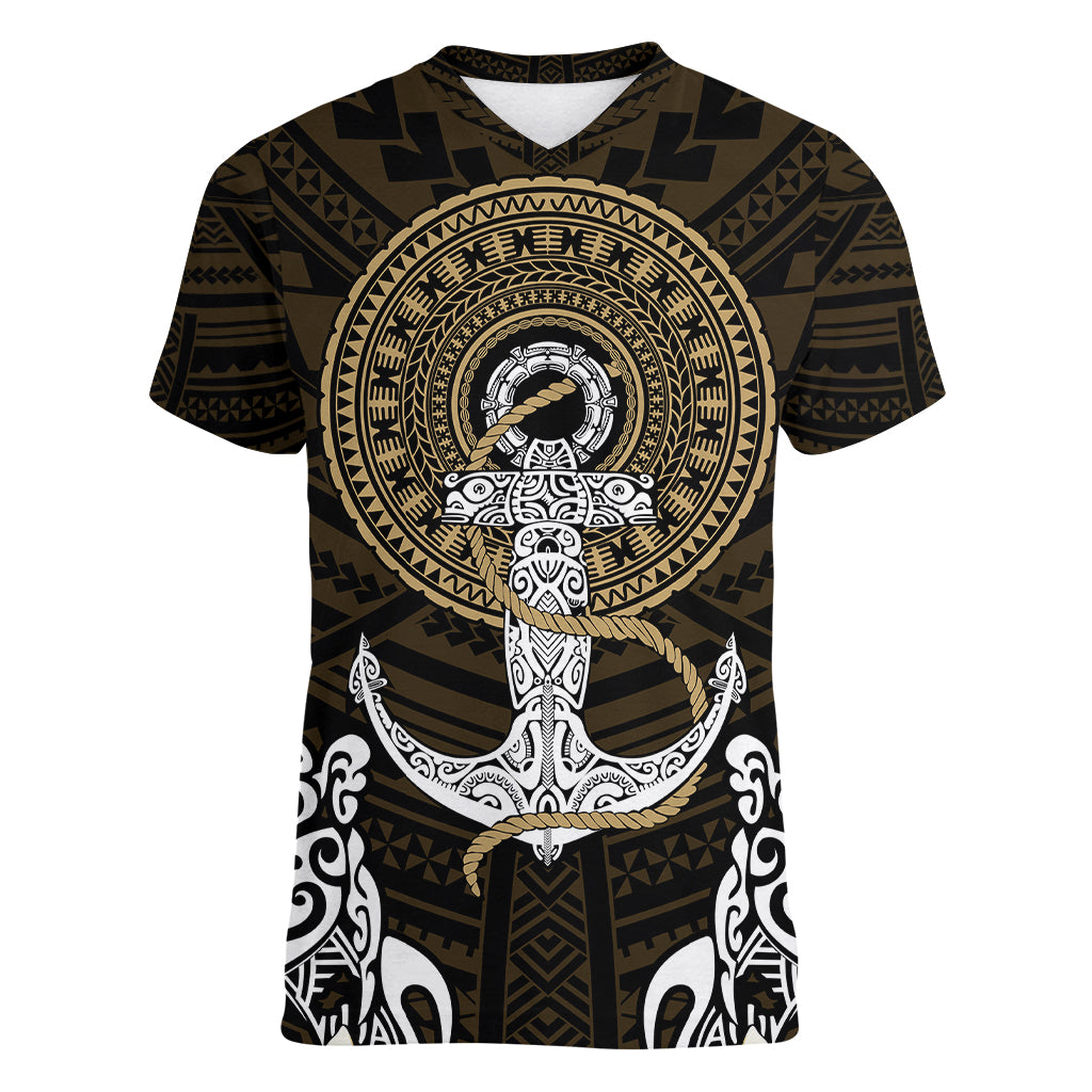 Polynesian Swordfish Women V Neck T Shirt with Anchor Pattern and Tribal Turtle TS04 - Polynesian Pride