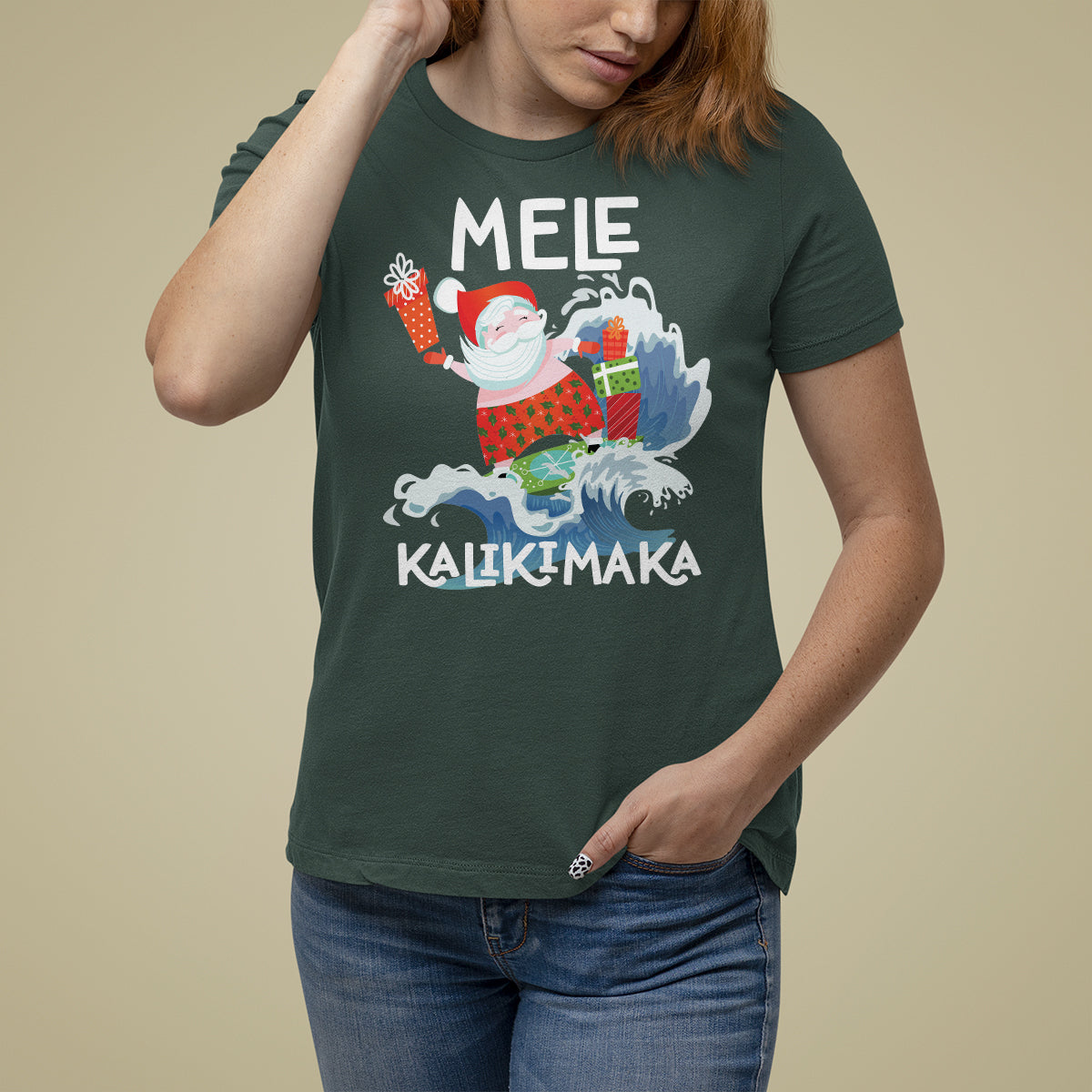 Mele Kalikimaka Surfing Cute Santa Hawaiian Christmas T Shirt For Women TS09 Dark Forest Green - Polynesian Pride