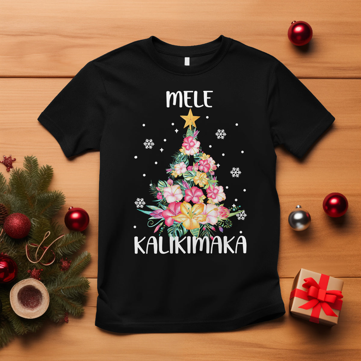 Mele Kalikimaka Hawaiian Christmas Tree Tropical Flower T Shirt TS09 Black - Polynesian Pride