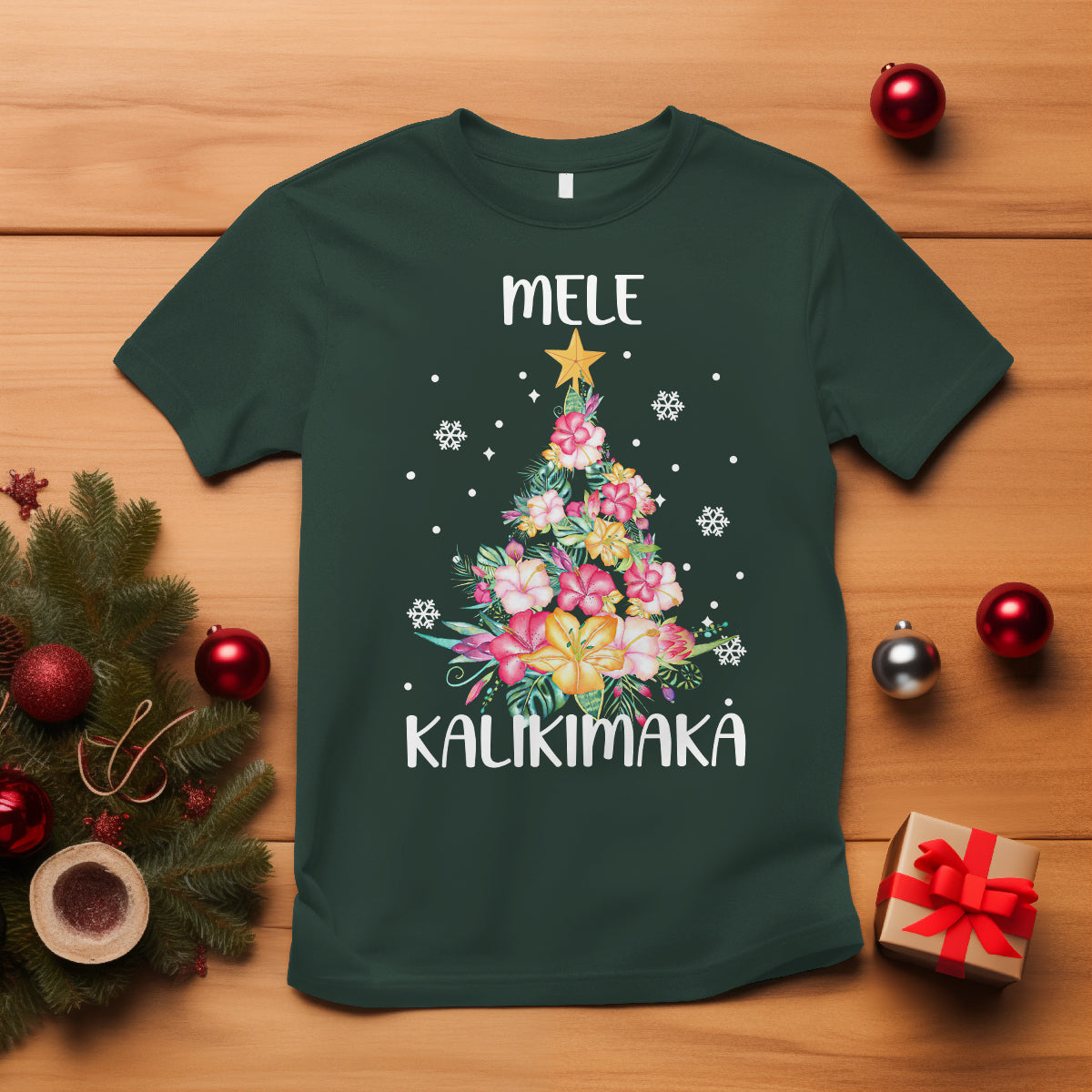 Mele Kalikimaka Hawaiian Christmas Tree Tropical Flower T Shirt TS09 Dark Forest Green - Polynesian Pride