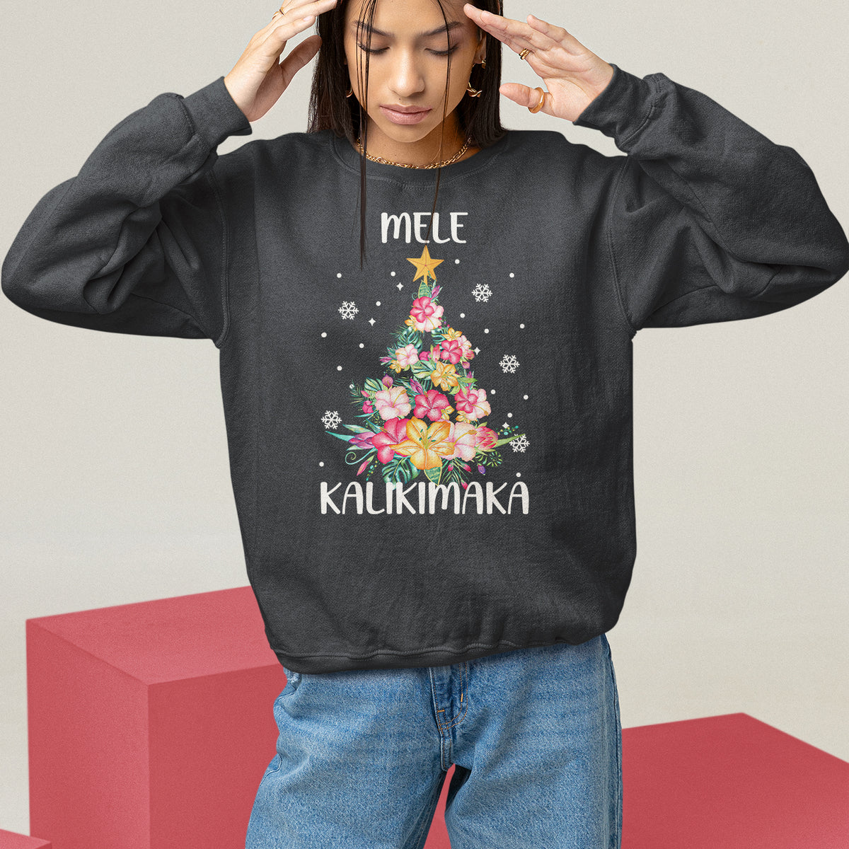 Mele Kalikimaka Hawaiian Christmas Tree Tropical Flower Sweatshirt TS09 Black - Polynesian Pride