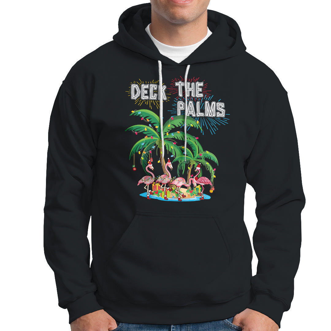 Christmas In Hawaii Hoodie Deck the Palms Firework Merry Christmas Flamingo TS09 Black - Polynesian Pride