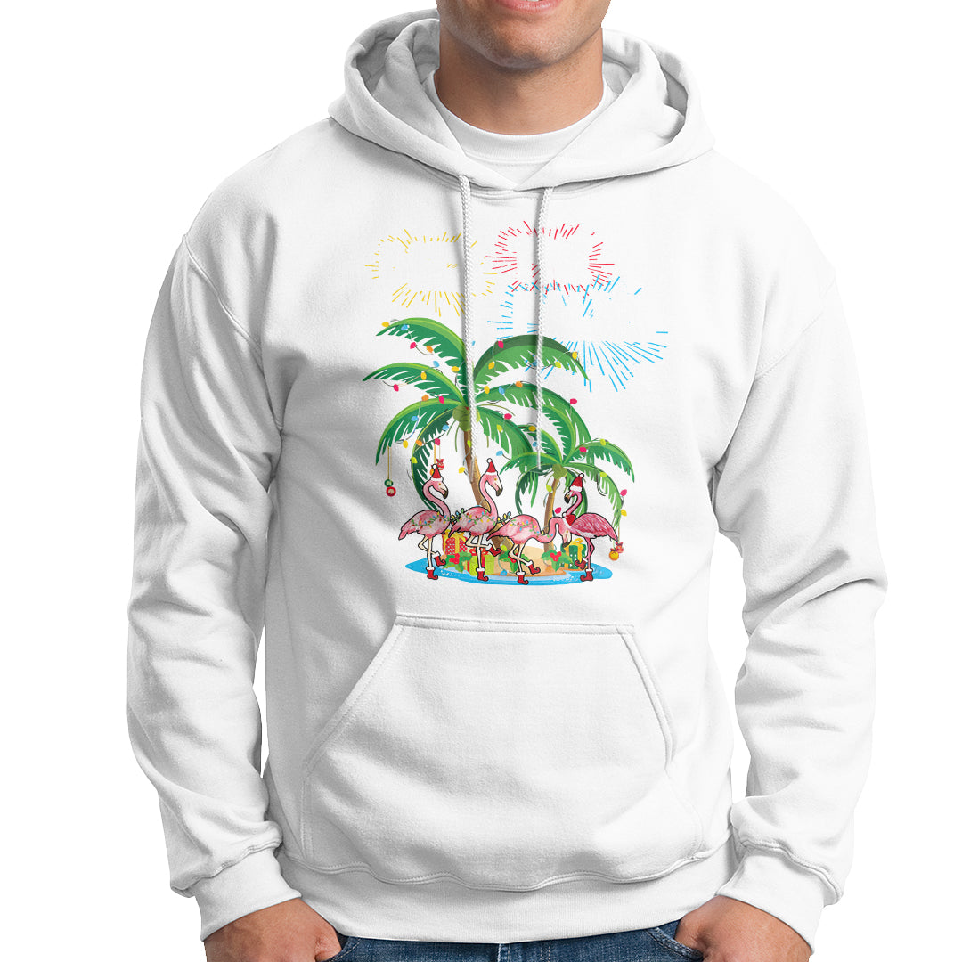 Christmas In Hawaii Hoodie Deck the Palms Firework Merry Christmas Flamingo TS09 White - Polynesian Pride