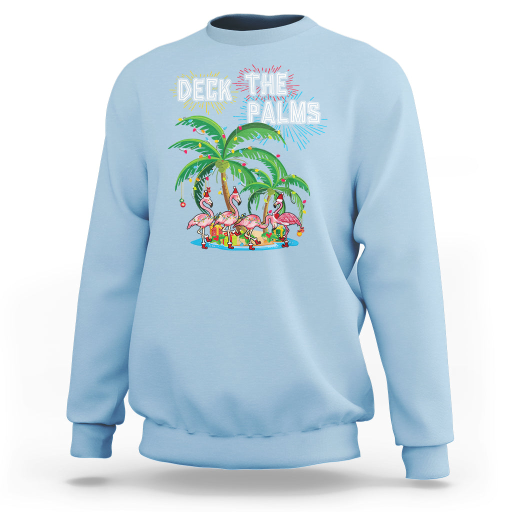 Christmas In Hawaii Sweatshirt Deck the Palms Firework Merry Christmas Flamingo TS09 Light Blue - Polynesian Pride