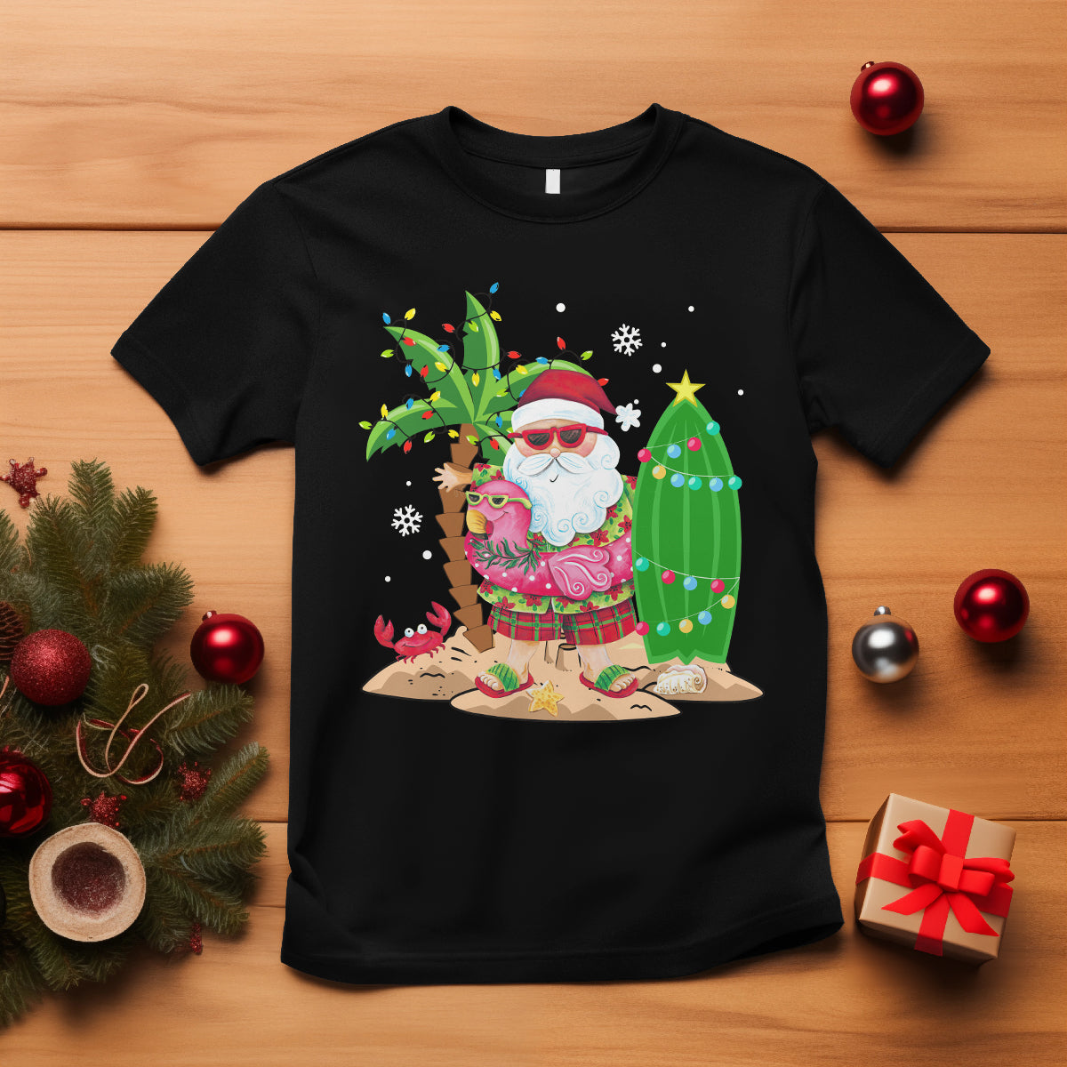 Christmas In Hawaii T Shirt Flamingo Float Xmas Palm Tree Surfboard Cute Santa At Beach TS09 Black - Polynesian Pride