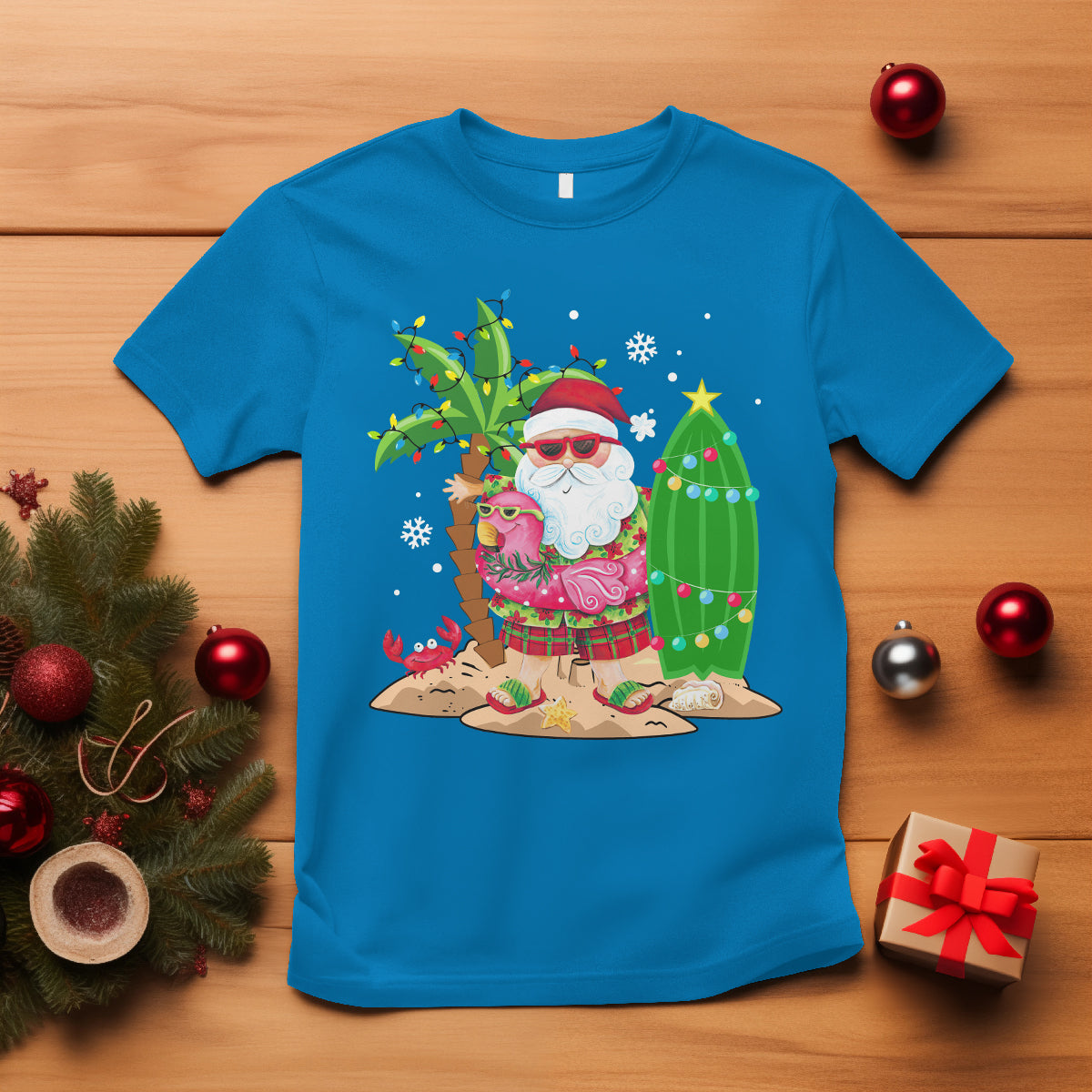 Christmas In Hawaii T Shirt Flamingo Float Xmas Palm Tree Surfboard Cute Santa At Beach TS09 Sapphire - Polynesian Pride