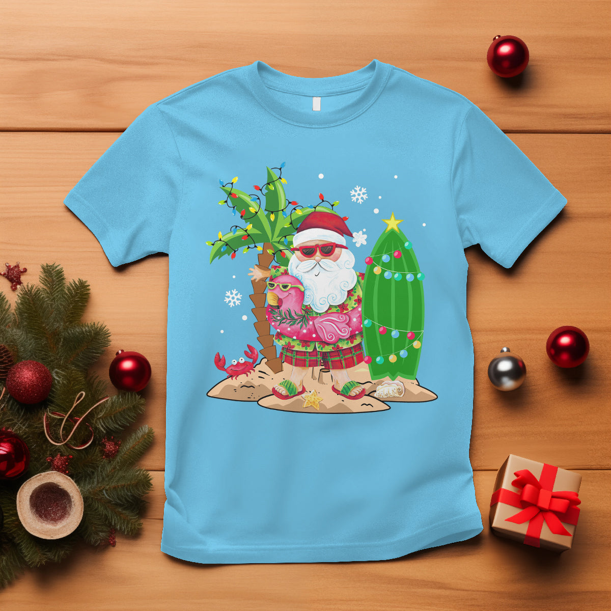 Christmas In Hawaii T Shirt Flamingo Float Xmas Palm Tree Surfboard Cute Santa At Beach TS09 Sky - Polynesian Pride