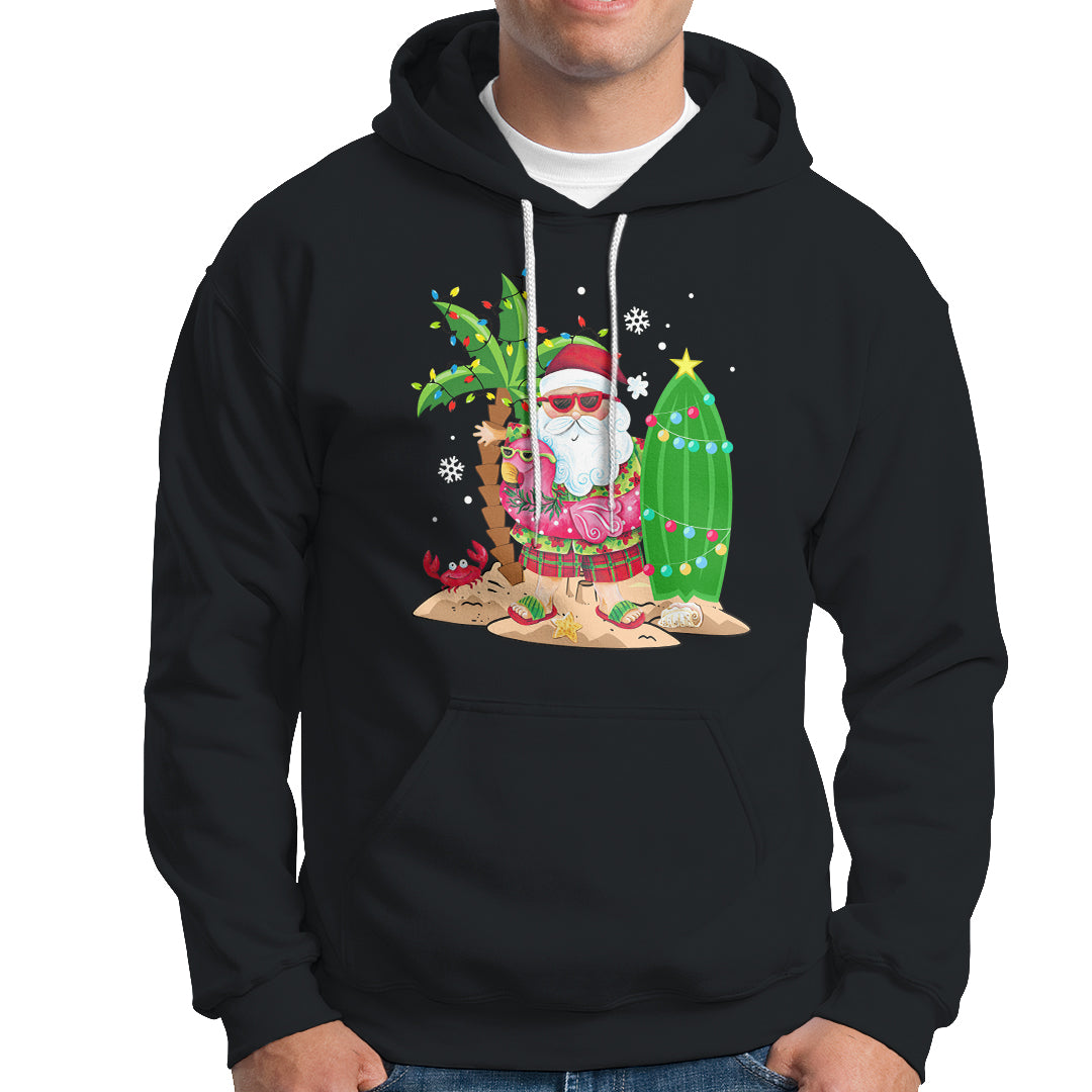 Christmas In Hawaii Hoodie Flamingo Float Xmas Palm Tree Surfboard Cute Santa At Beach TS09 Black - Polynesian Pride
