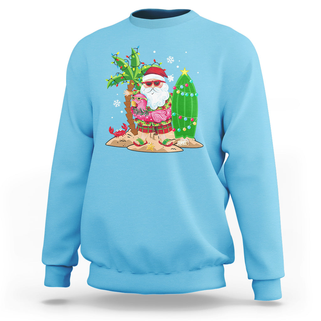 Christmas In Hawaii Sweatshirt Flamingo Float Xmas Palm Tree Surfboard Cute Santa At Beach TS09 Sky - Polynesian Pride