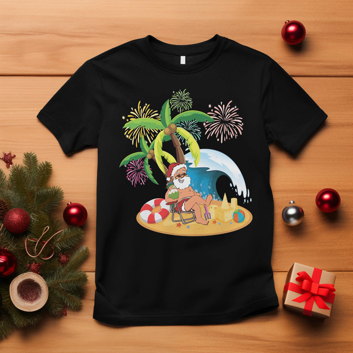 Christmas In Hawaii T Shirt Palm Tree Firework Santa At Beach Drinking Coconut TS09 Black - Polynesian Pride