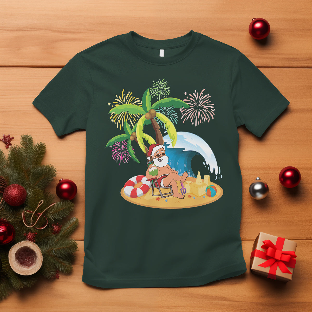 Christmas In Hawaii T Shirt Palm Tree Firework Santa At Beach Drinking Coconut TS09 Dark Forest Green - Polynesian Pride