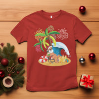 Christmas In Hawaii T Shirt Palm Tree Firework Santa At Beach Drinking Coconut TS09 Red - Polynesian Pride