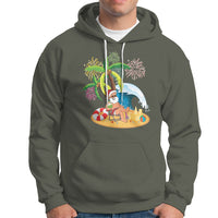 Christmas In Hawaii Hoodie Palm Tree Firework Santa At Beach Drinking Coconut TS09 Military Green - Polynesian Pride
