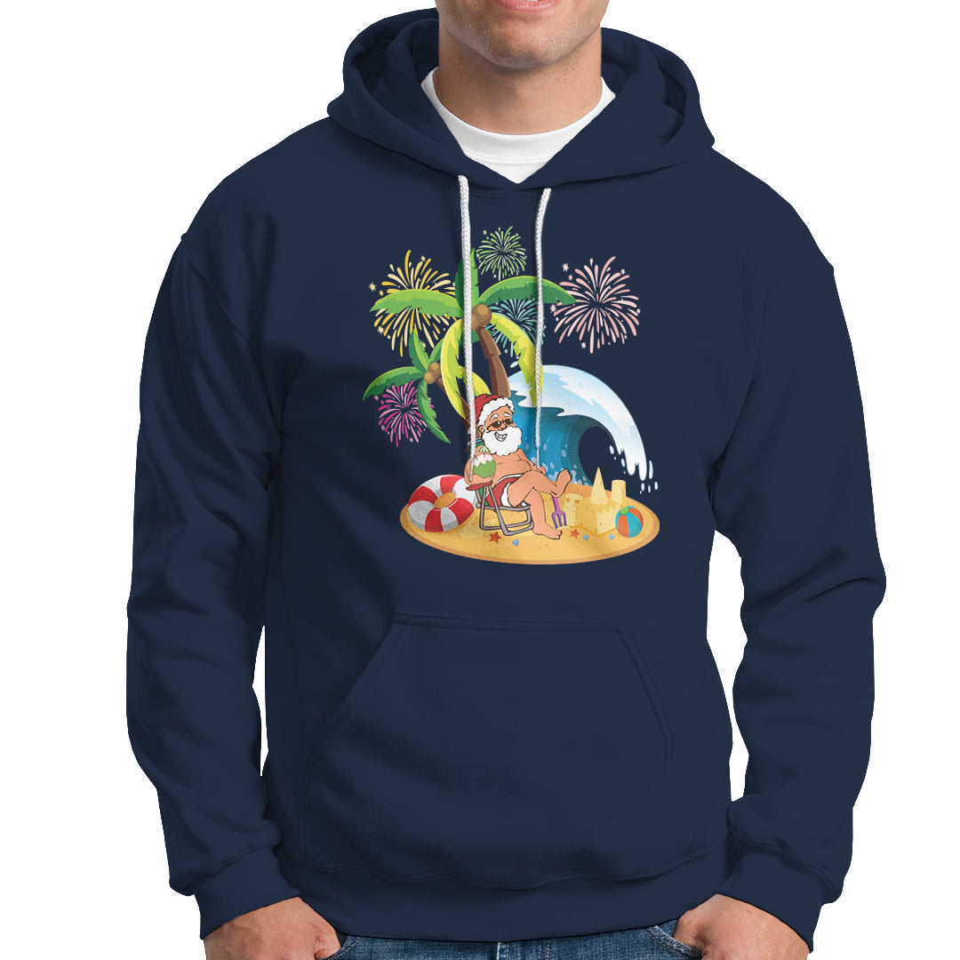 Christmas In Hawaii Hoodie Palm Tree Firework Santa At Beach Drinking Coconut TS09 Navy - Polynesian Pride