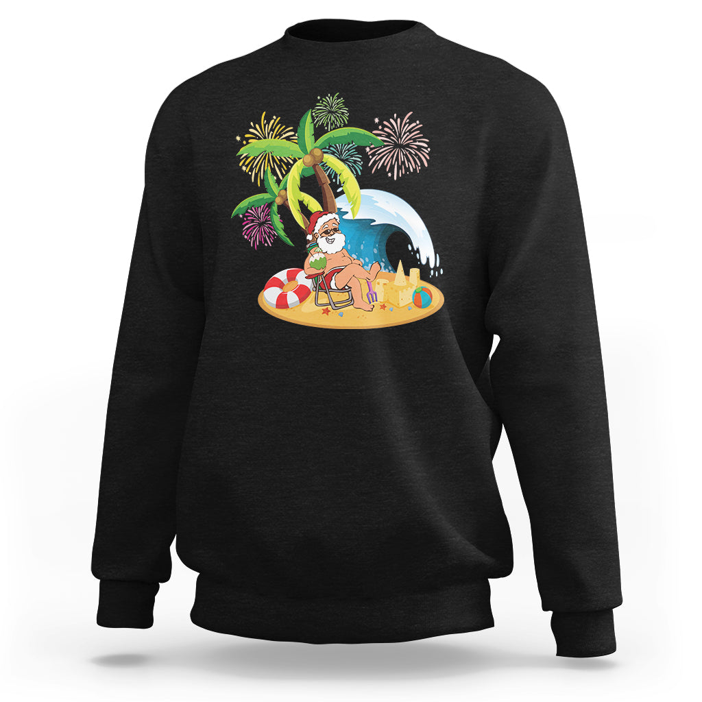 Christmas In Hawaii Sweatshirt Palm Tree Firework Santa At Beach Drinking Coconut TS09 Black - Polynesian Pride