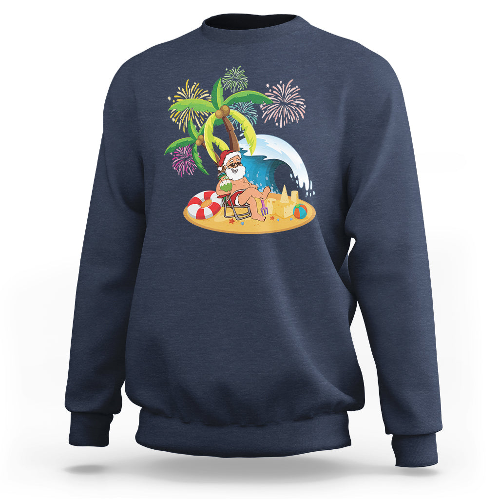 Christmas In Hawaii Sweatshirt Palm Tree Firework Santa At Beach Drinking Coconut TS09 Navy - Polynesian Pride