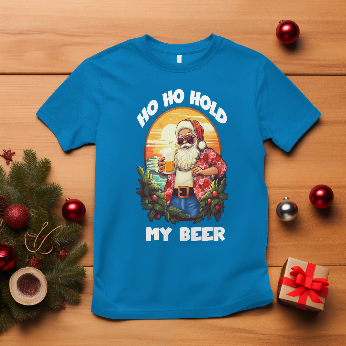 Christmas In Hawaii T Shirt Ho Ho Hold My Beer Cool Santa Sunglass TS09 Sapphire - Polynesian Pride