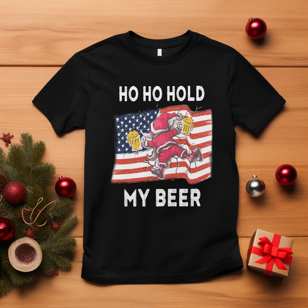 Christmas In Hawaii T Shirt Ho Ho Hold My Beer Drunk Santa USA Flag TS09 Black - Polynesian Pride