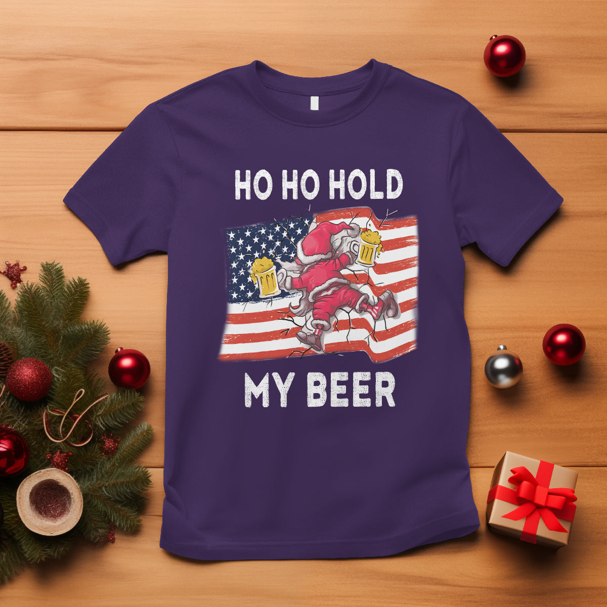 Christmas In Hawaii T Shirt Ho Ho Hold My Beer Drunk Santa USA Flag TS09 Purple - Polynesian Pride