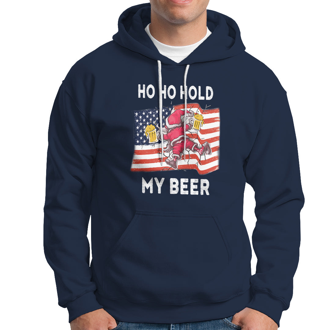 Christmas In Hawaii Hoodie Ho Ho Hold My Beer Drunk Santa USA Flag TS09 Navy - Polynesian Pride