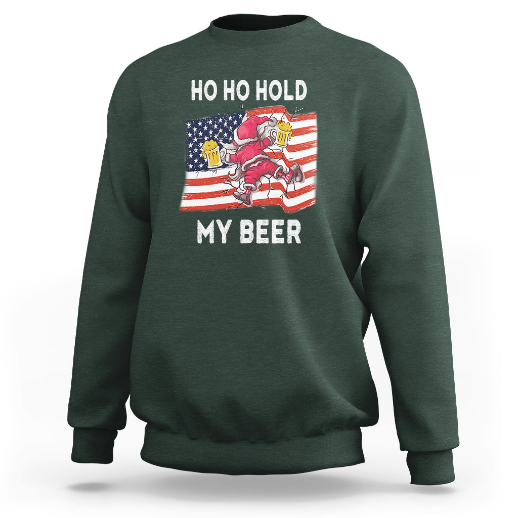 Christmas In Hawaii Sweatshirt Ho Ho Hold My Beer Drunk Santa USA Flag TS09 Dark Forest Green - Polynesian Pride