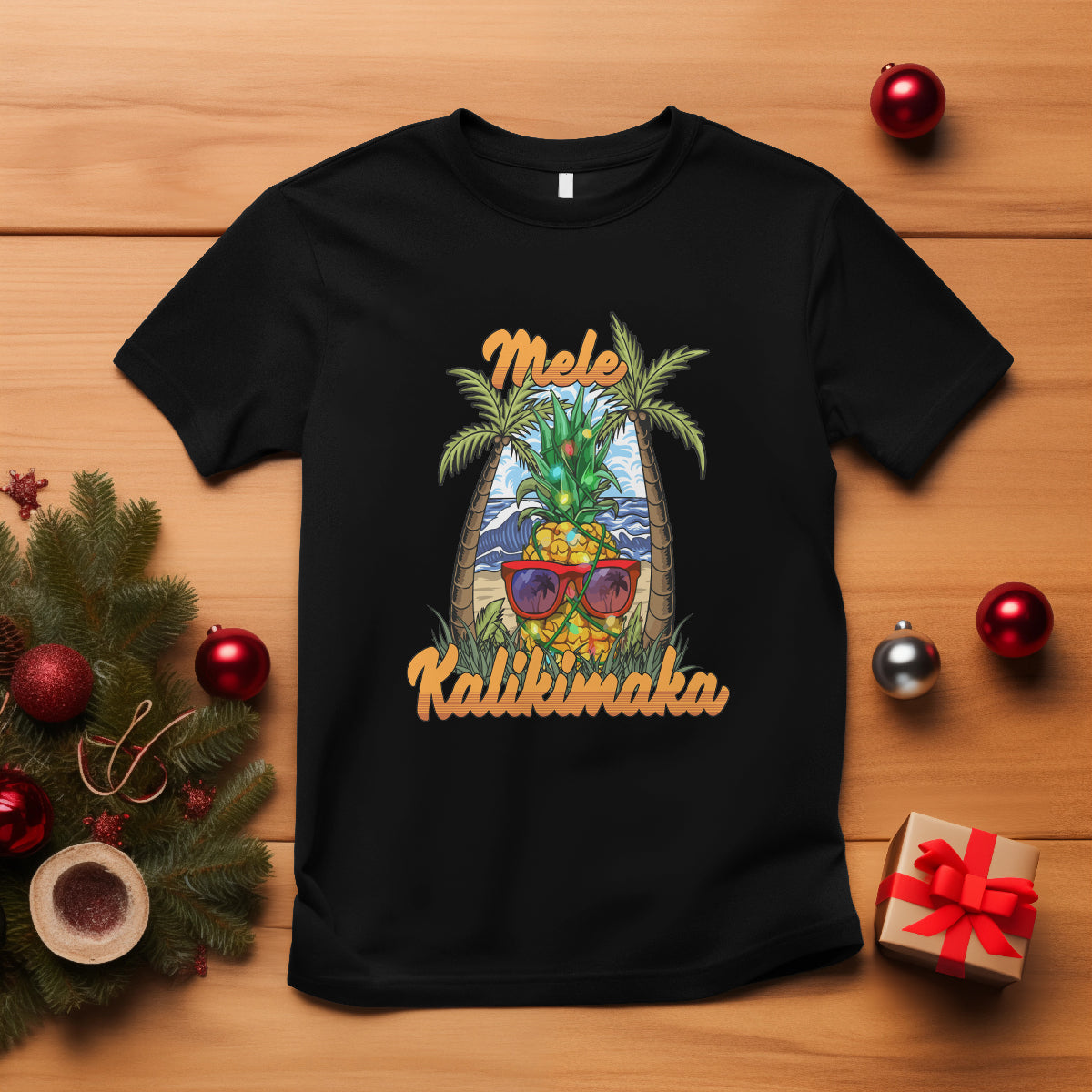 Mele Kalikimaka Christmas In Hawaii Xmas Light Pineapple T Shirt TS09 Black - Polynesian Pride