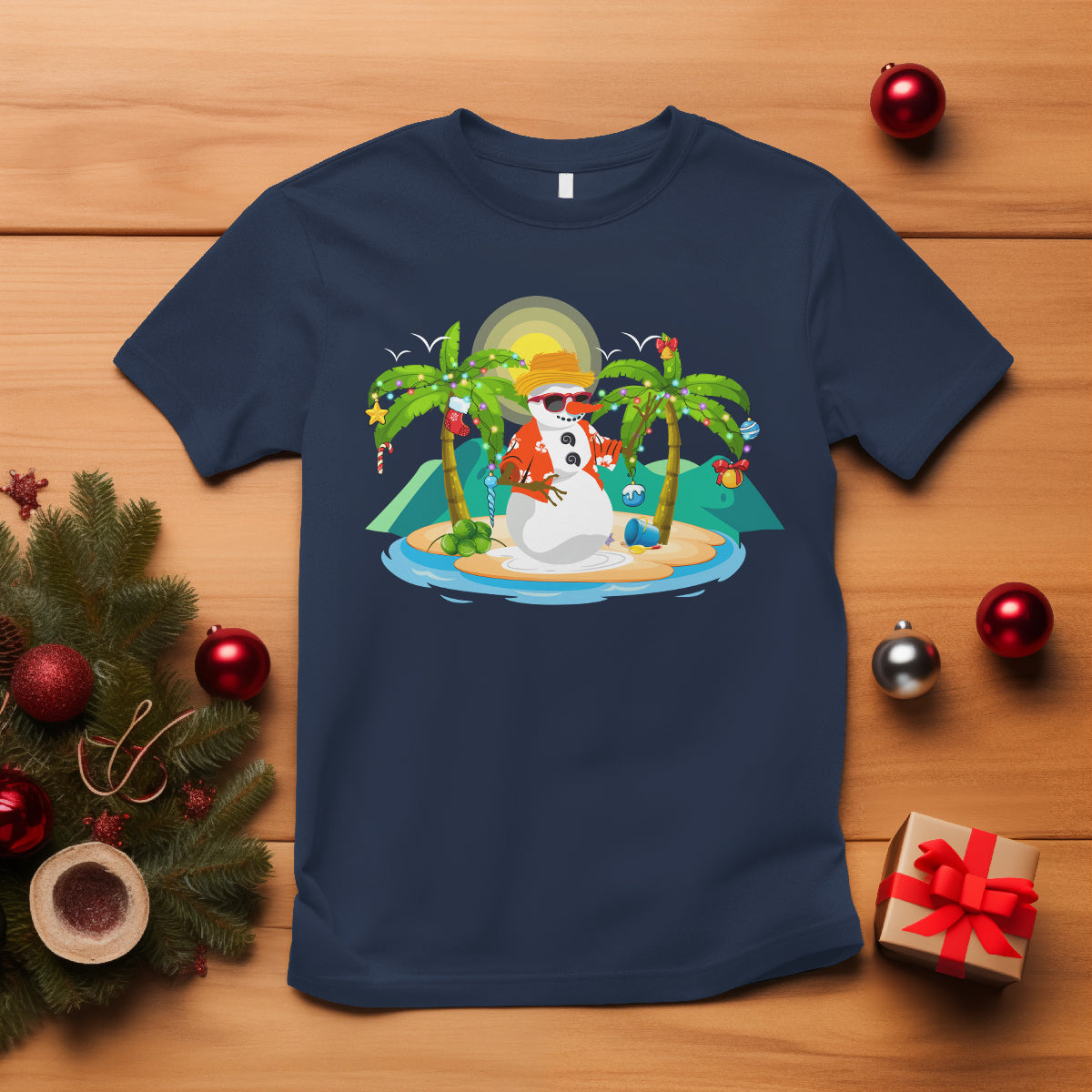 Christmas In Hawaii T Shirt Hawaiian Snowman Xmas Palm Tree At The Beach TS09 Navy - Polynesian Pride