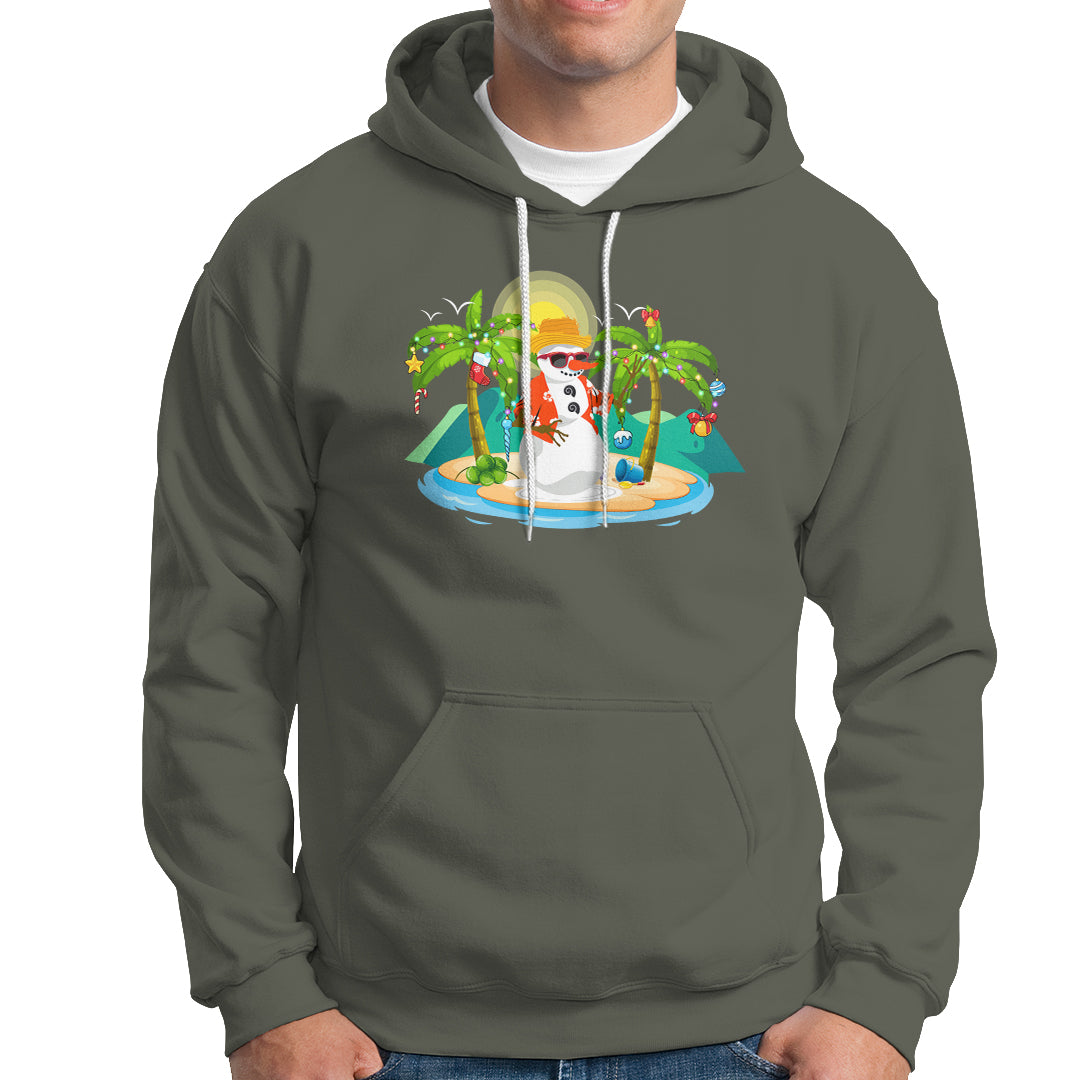 Christmas In Hawaii Hoodie Hawaiian Snowman Xmas Palm Tree At The Beach TS09 Military Green - Polynesian Pride