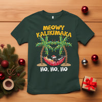 Christmas In Hawaii T Shirt Meowy Kalikimaka Cat Chillin' Ho Ho Ho Xmas Palm Tree TS09 Dark Forest Green - Polynesian Pride