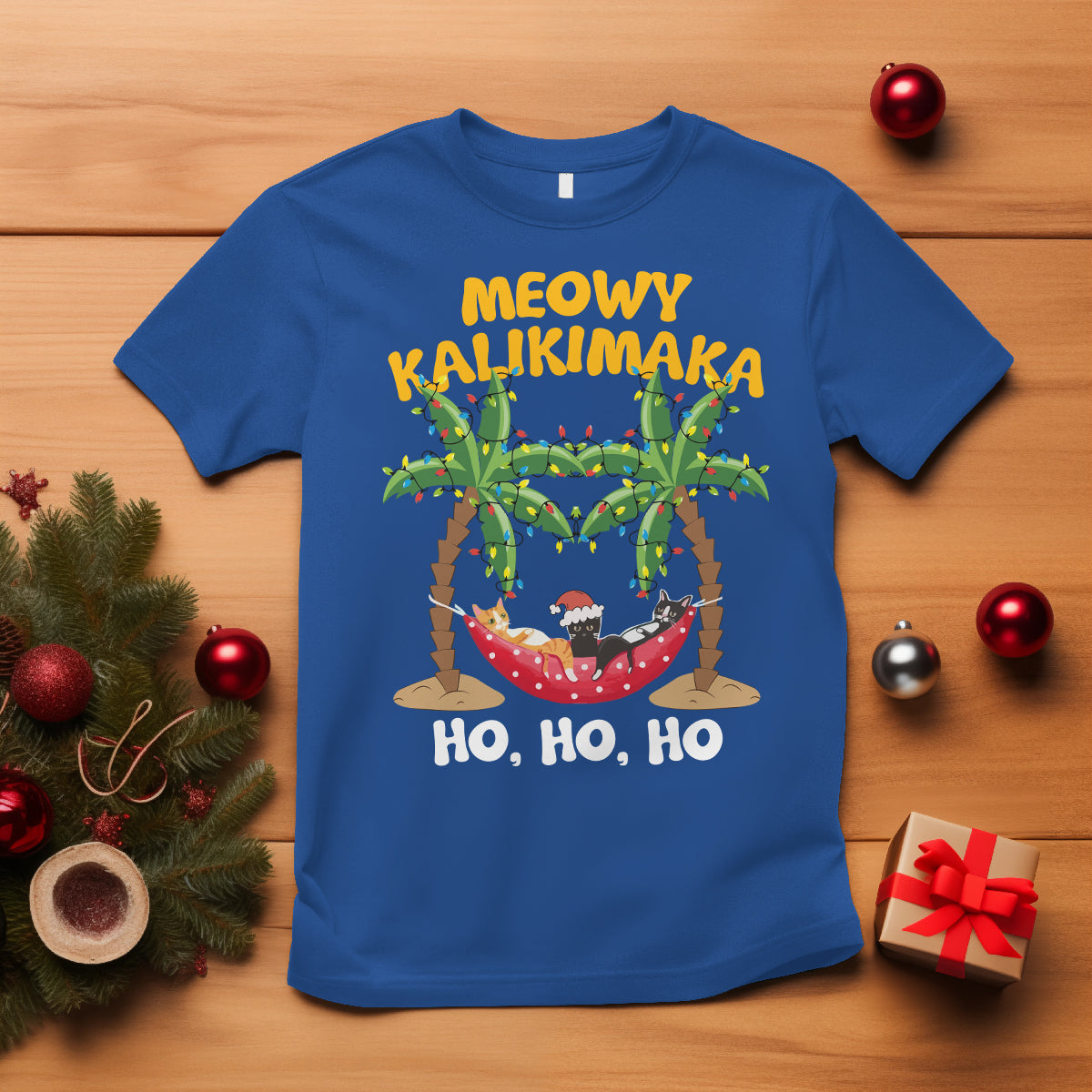 Christmas In Hawaii T Shirt Meowy Kalikimaka Cat Chillin' Ho Ho Ho Xmas Palm Tree TS09 Royal Blue - Polynesian Pride