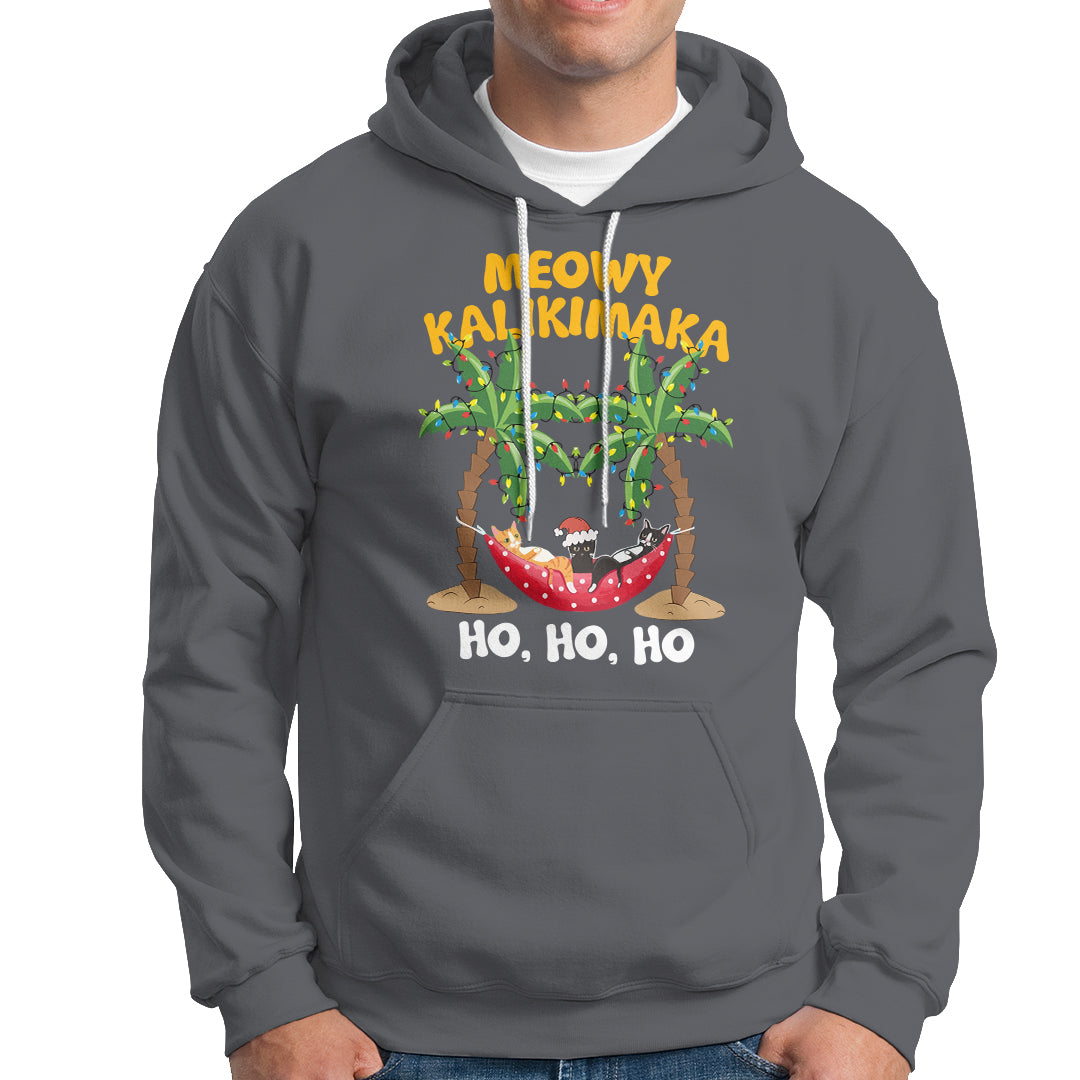 Christmas In Hawaii Hoodie Meowy Kalikimaka Cat Chillin' Ho Ho Ho Xmas Palm Tree TS09 Charcoal - Polynesian Pride