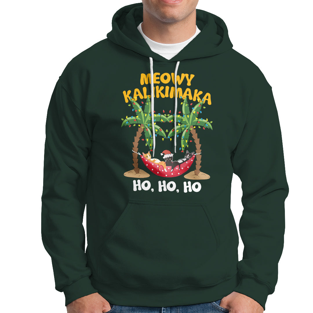 Christmas In Hawaii Hoodie Meowy Kalikimaka Cat Chillin' Ho Ho Ho Xmas Palm Tree TS09 Dark Forest Green - Polynesian Pride
