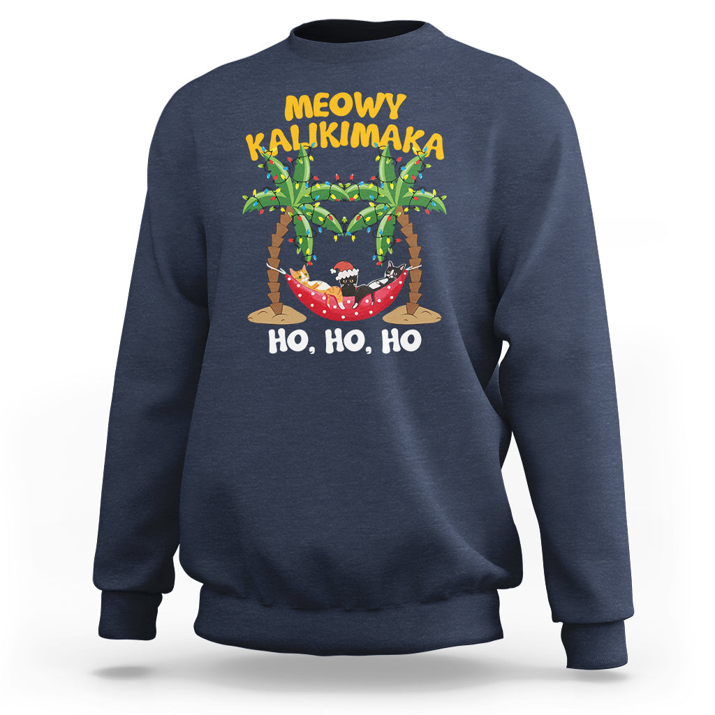 Christmas In Hawaii Sweatshirt Meowy Kalikimaka Cat Chillin' Ho Ho Ho Xmas Palm Tree TS09 Navy - Polynesian Pride