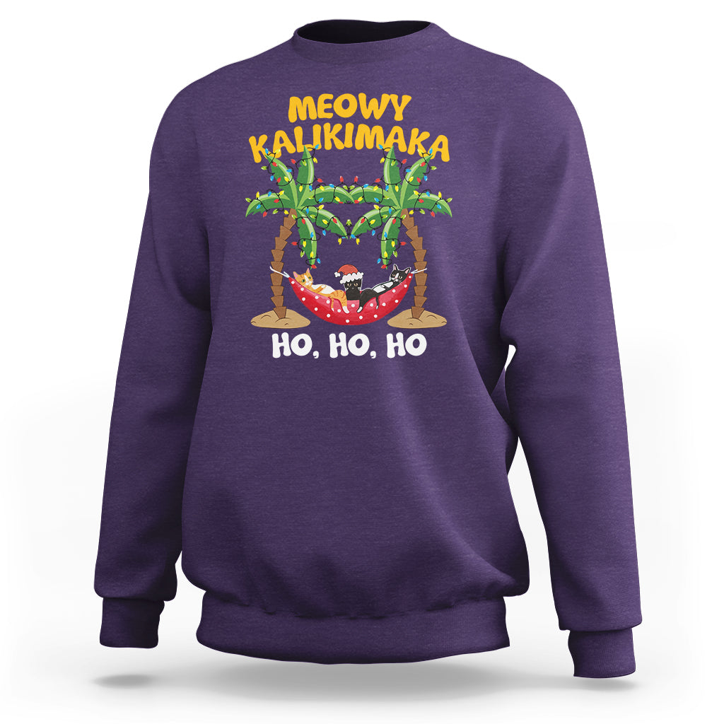 Christmas In Hawaii Sweatshirt Meowy Kalikimaka Cat Chillin' Ho Ho Ho Xmas Palm Tree TS09 Purple - Polynesian Pride