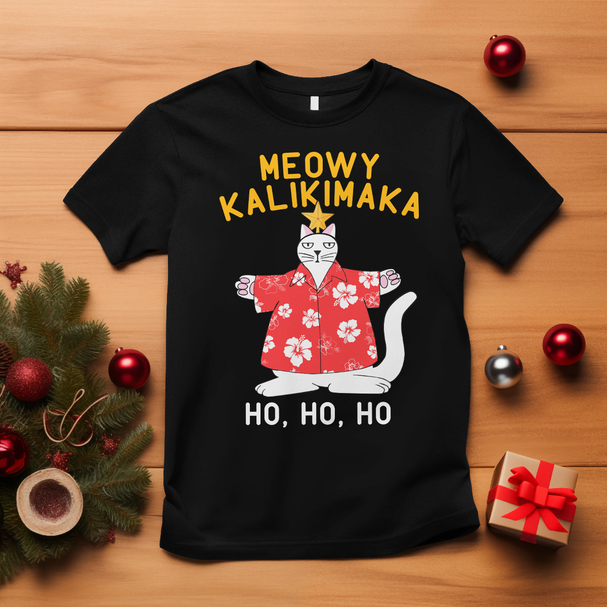 Christmas In Hawaii T Shirt Meowy Kalikimaka Hawaiian Cat Ho Ho Ho Xmas Tree TS09 Black - Polynesian Pride