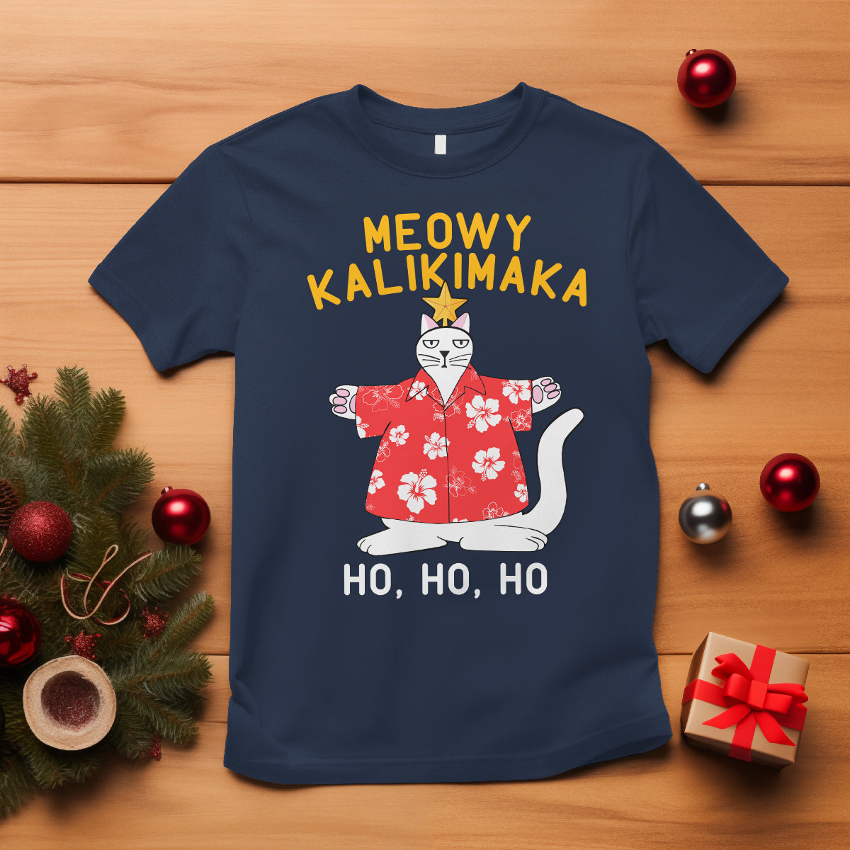 Christmas In Hawaii T Shirt Meowy Kalikimaka Hawaiian Cat Ho Ho Ho Xmas Tree TS09 Navy - Polynesian Pride
