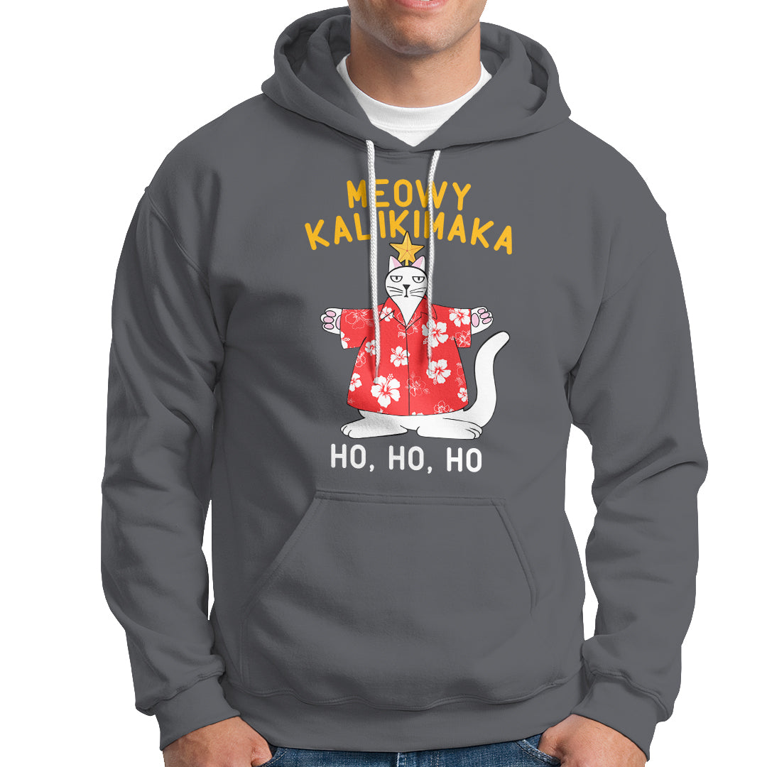 Christmas In Hawaii Hoodie Meowy Kalikimaka Hawaiian Cat Ho Ho Ho Xmas Tree TS09 Charcoal - Polynesian Pride