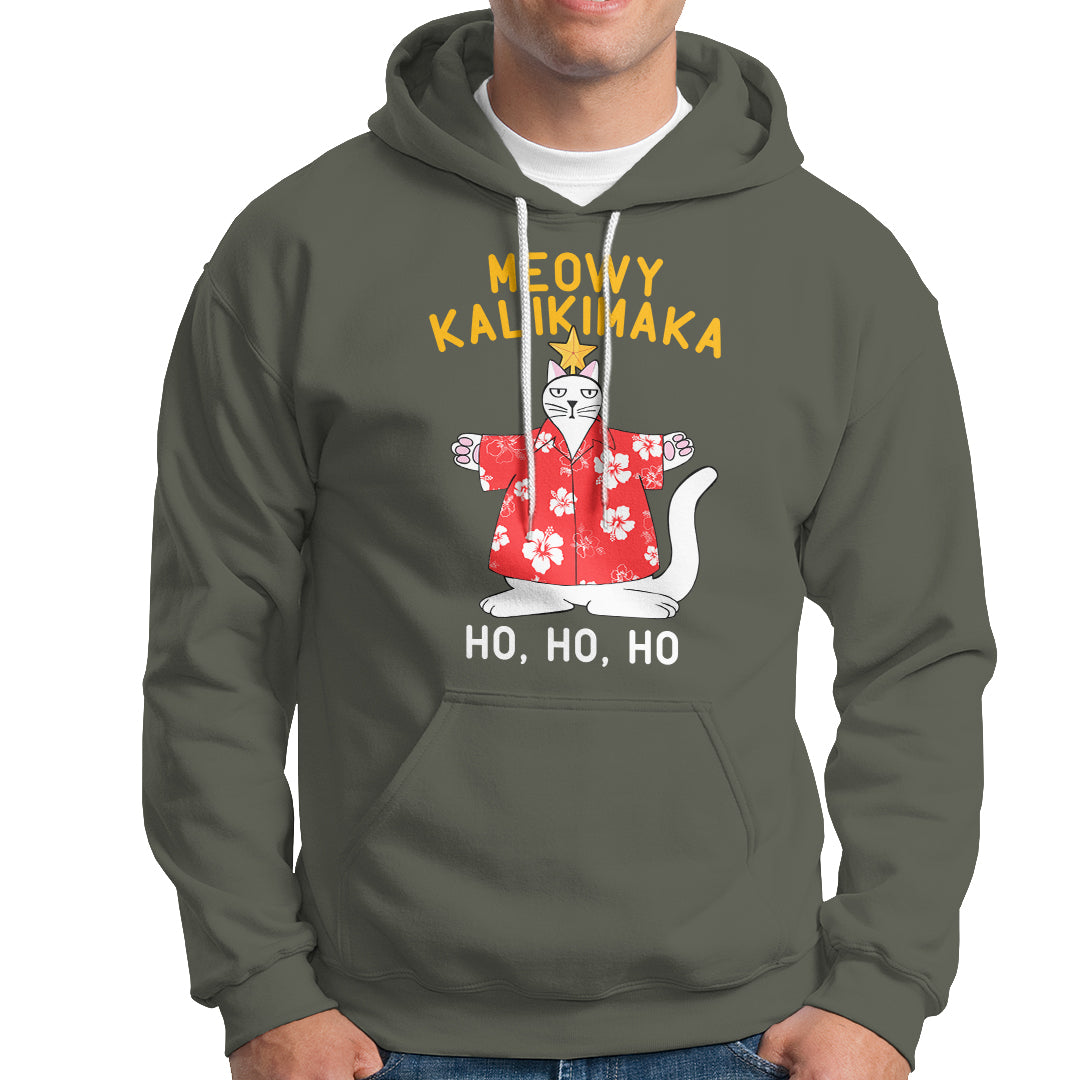 Christmas In Hawaii Hoodie Meowy Kalikimaka Hawaiian Cat Ho Ho Ho Xmas Tree TS09 Military Green - Polynesian Pride