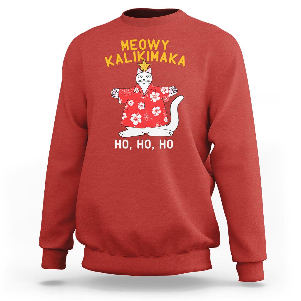 Christmas In Hawaii Sweatshirt Meowy Kalikimaka Hawaiian Cat Ho Ho Ho Xmas Tree TS09 Red - Polynesian Pride
