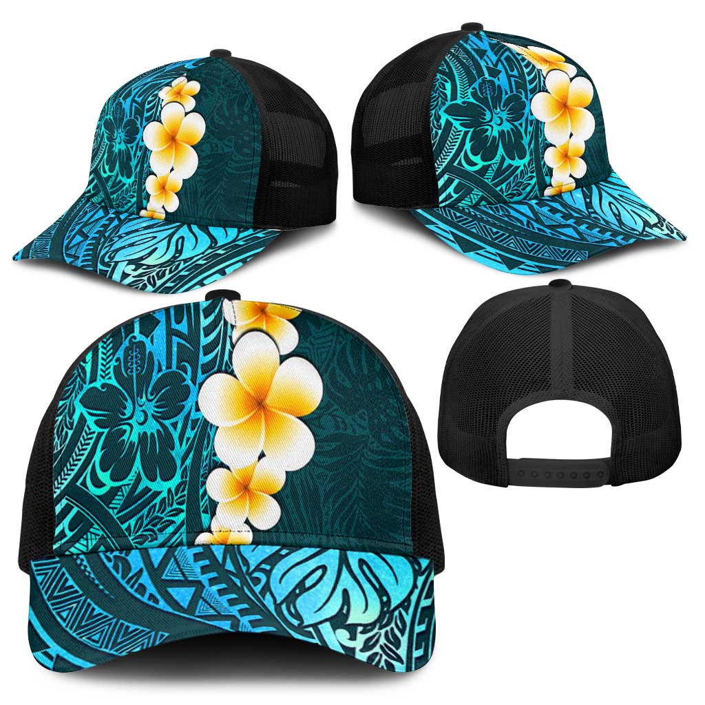 Turquosie Polynesia Baseball Net Cap Plumeria Tropical Leaves With Galaxy Polynesian Art - Polynesian Pride